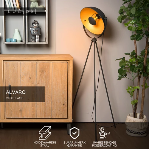 Lucide ALVARO - Vloerlamp - 1xE27 - Zwart - USP